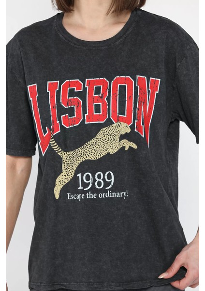 Kadın Ön Baskılı Bisiklet Yaka Tişört fırsatları