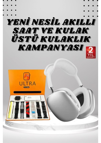Kulak Üstü P9 Kablosuz Bluetooth Kulaklık ve 7 Kordonlu Akıllı Saat