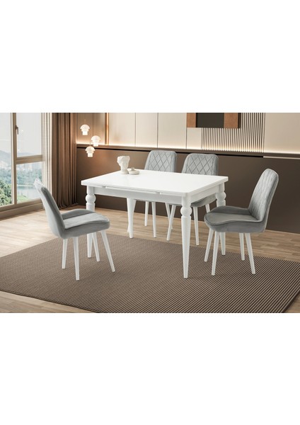 Ahşap Salon Yemek Masa Sandalye Takımı 4 Fulya Sandalyeli Yandan Açılır Büyüyen Beyaz 70 x 110 cm