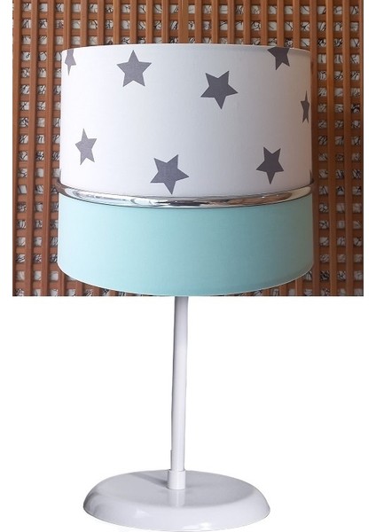 Beyaz Yıldızlı Yeşil Kumaş Kaplama Çocuk Odası ve Bebek Odası Abajur Masa Lambası Aydınlatma