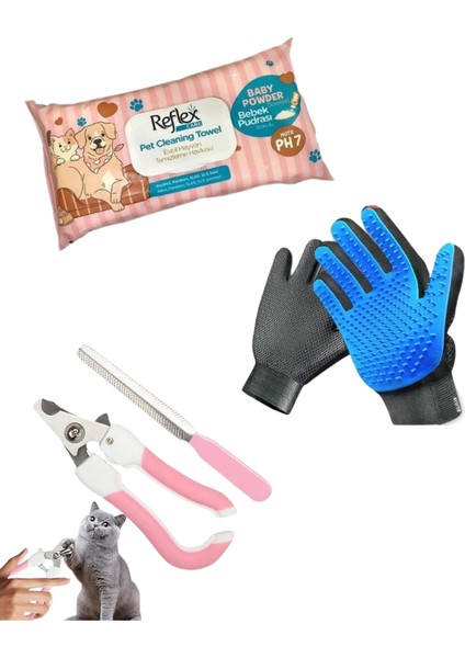 Kedi Köpek Evcil Hayvan Bakım Seti Temizleme Mendili Tırnak Makası Tüy Toplama Eldiveni Yıkama Fırçası Hediyeli Kedi Köpek Pati Temizleme Mendili 50li 3lü Set