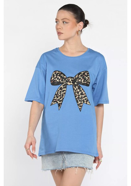 Leopar Desen Kurdele Baskılı Bisiklet Yaka Kadın Tişört