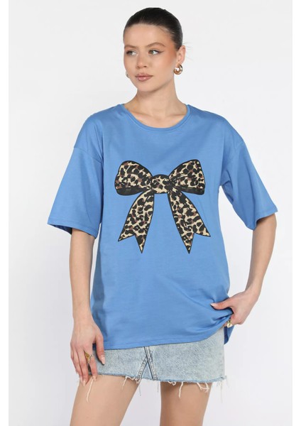 Leopar Desen Kurdele Baskılı Bisiklet Yaka Kadın Tişört fiyatları