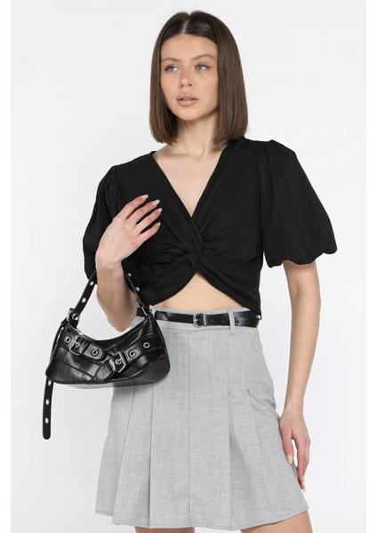 Kadın Ön Düğüm Detaylı Yan Fermuarlı Balon Kol Crop Top Bluz