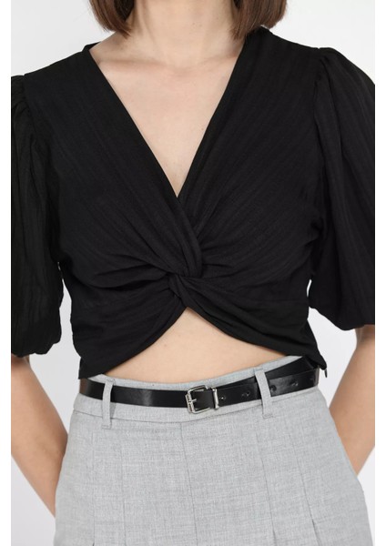 Kadın Ön Düğüm Detaylı Yan Fermuarlı Balon Kol Crop Top Bluz