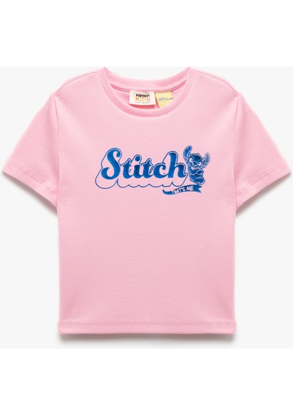 Stitch Lisanslı Bisiklet Yaka Kısa Kollu Pamuklu Baskılı Crop Tişört