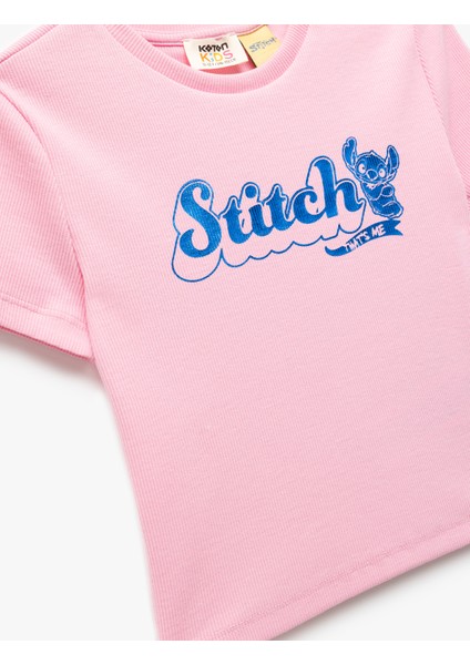 Stitch Lisanslı Bisiklet Yaka Kısa Kollu Pamuklu Baskılı Crop Tişört modelleri