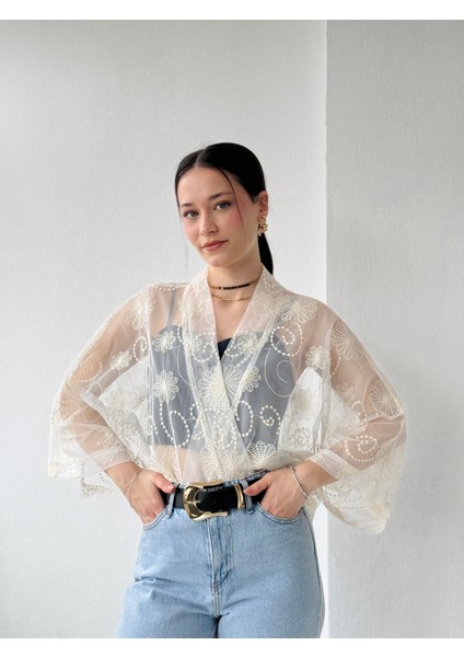 Tasarım Tül Mini Kimono Kadın Fildişi fiyatları