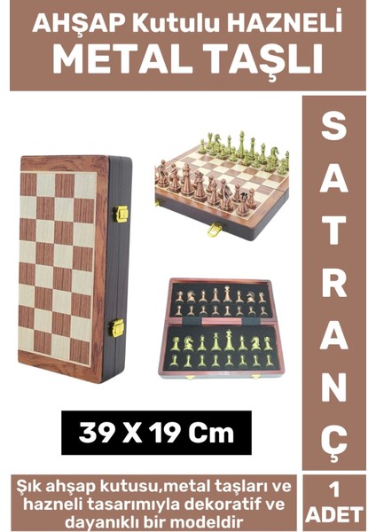 Yüksek Kaliteli Arkadaş Oyun Hediyelik Ahşap Kutulu Hazneli Metal Taşlı Satranç Takımı 39 x 19 cm