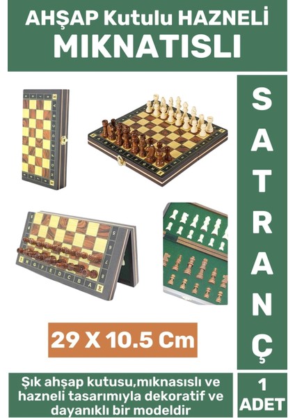 Premium Yüksek Kalite Arkadaş Oyun Hediyelik Ahşap Kutu Hazneli Mıknatıslı Satranç Takımı 29X10.5 cm