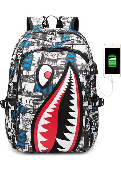 Köpekbalığı Desenli İlkokul Sırt Çantası Büyük Kapasiteli, Hafif ve Sade Sırt Çantası (Yurt Dışından)