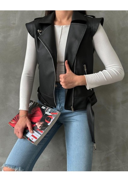 Kadın Siyah Deri Biker Yelek fiyatları