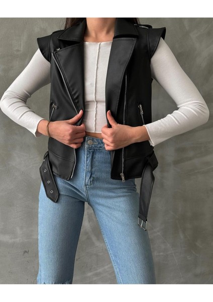 Kadın Siyah Deri Biker Yelek modelleri
