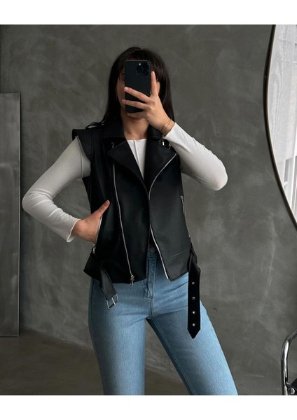 Kadın Siyah Deri Biker Yelek fırsatları