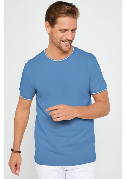 Erkek Bisiklet Yaka Slim Fit Pamuk Pike Mavi Tişört