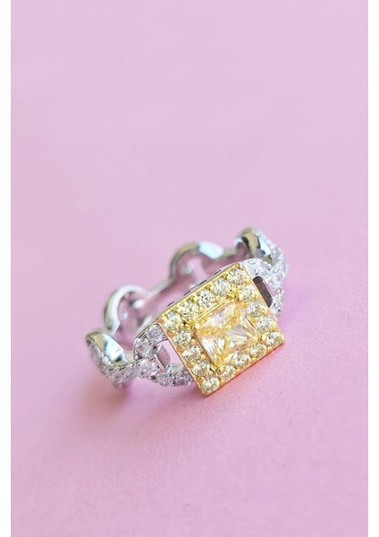 Ithal Örgü Kare Sarı Buz Kesim Gümüş Yüzük