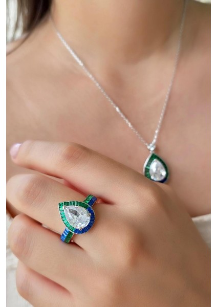 Ithal Mavi Yeşil Baget Damla Gümüş Yüzük