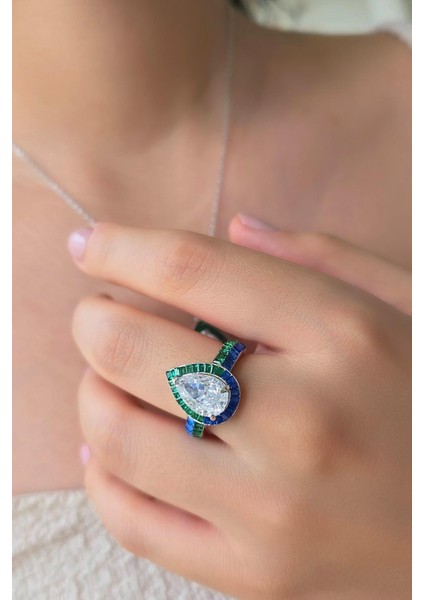 Ithal Mavi Yeşil Baget Damla Gümüş Yüzük fırsatları