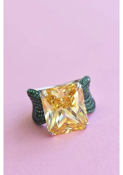 Ithal Premium Sarı Yeşil Buz Kesim Gümüş Yüzük