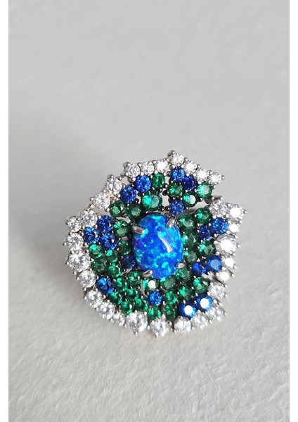 Ithal Opal Taşlı Mavi Yeşil Zirkon Gümüş Yüzük