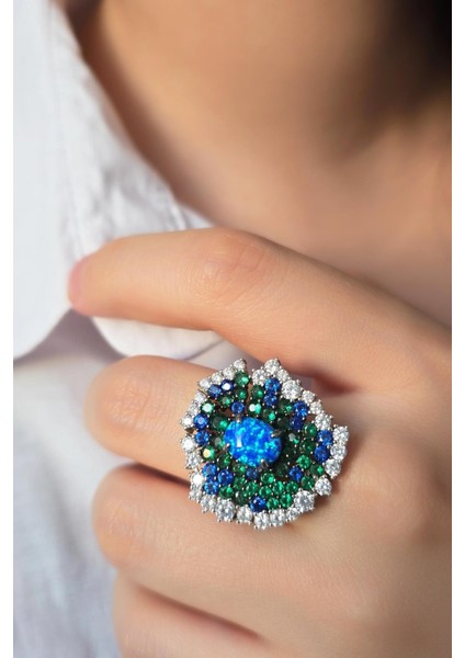 Ithal Opal Taşlı Mavi Yeşil Zirkon Gümüş Yüzük fiyatları