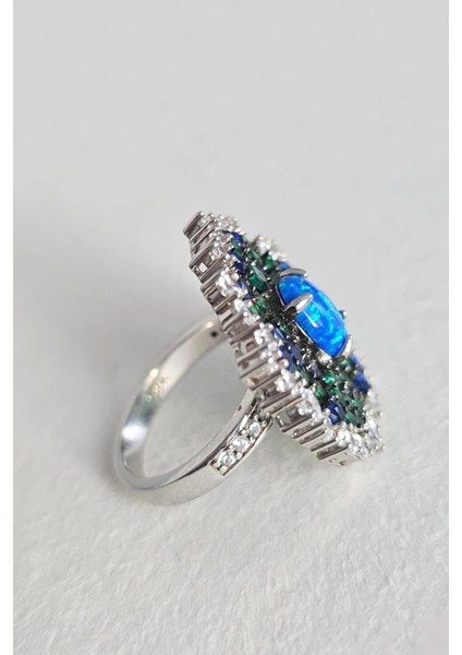 Ithal Opal Taşlı Mavi Yeşil Zirkon Gümüş Yüzük modelleri