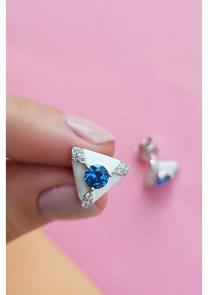 Ithal Çift Mavi Buz Kesim Beyaz Üçgen Gümüş Küpe