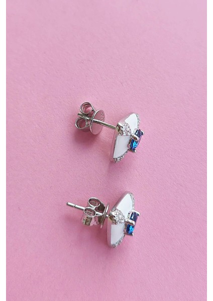 Ithal Çift Mavi Buz Kesim Beyaz Üçgen Gümüş Küpe modelleri