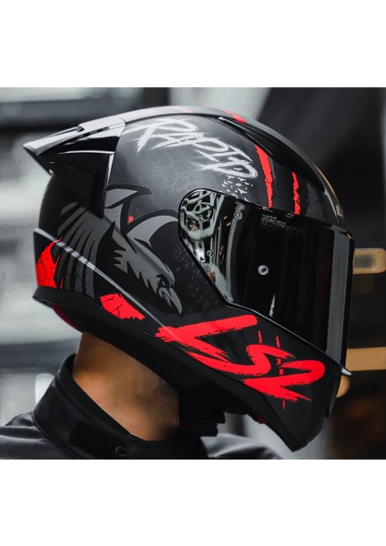 Rapıd 2 Race Raven Mat Siyah-Kırmızı Kapalı Motosiklet Kaskı Gri Camlı