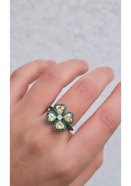 Ithal Sarı Buz Kesim Yonca Yeşil Gümüş Yüzük