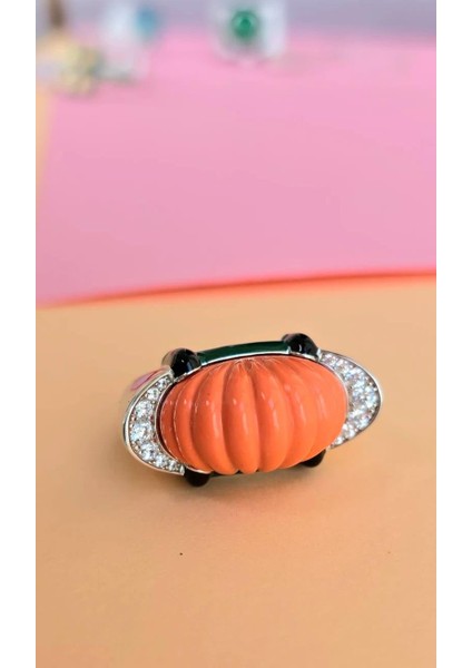 Ithal Turuncu Mercan Vıp Oval Gümüş Yüzük