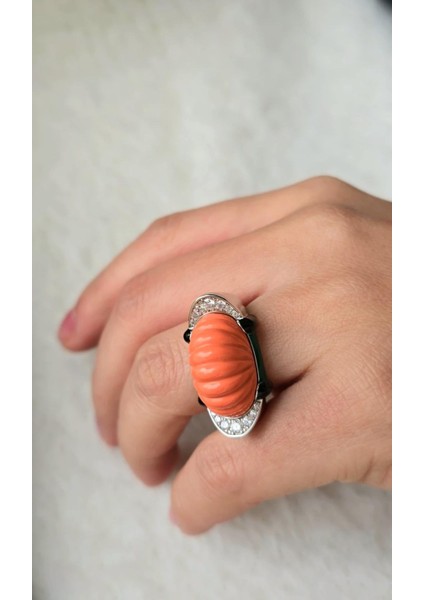 Ithal Turuncu Mercan Vıp Oval Gümüş Yüzük fiyatları