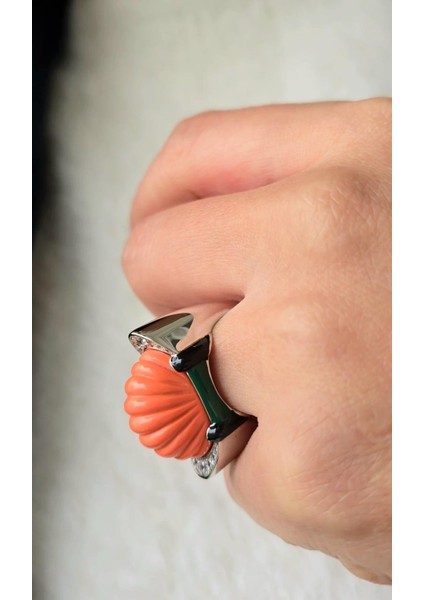 Ithal Turuncu Mercan Vıp Oval Gümüş Yüzük modelleri