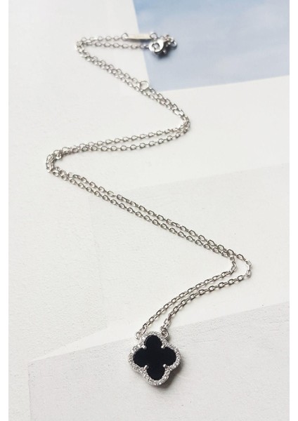 Ithal Yonca Siyah Mineli Gümüş Kolye fiyatları