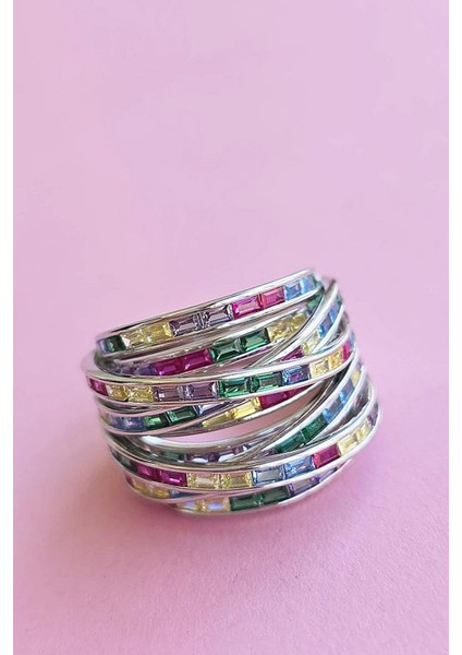 Ithal Mavi Yeşil Sarı Fuşya Baget Gümüş Yüzük
