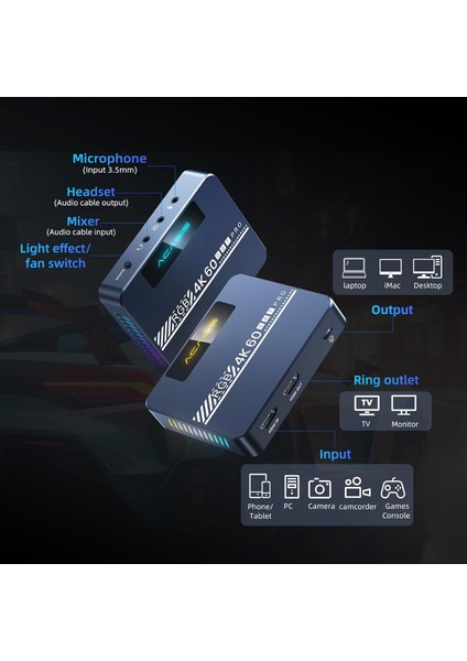 VC007PRO 4K 60Hz Hdr Rgb Kayıt Cihazı, Sessiz Soğutma Fanı, 96 Saat Kesintisiz Canlı Yayın Mikrofon, Kulaklık ve Konsol Bağlantılı Profesyonel Kayıt Cihazı