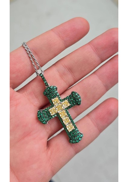Ithal Sarı Buz Kesim Yeşil Haç Cross Gümüş Kolye