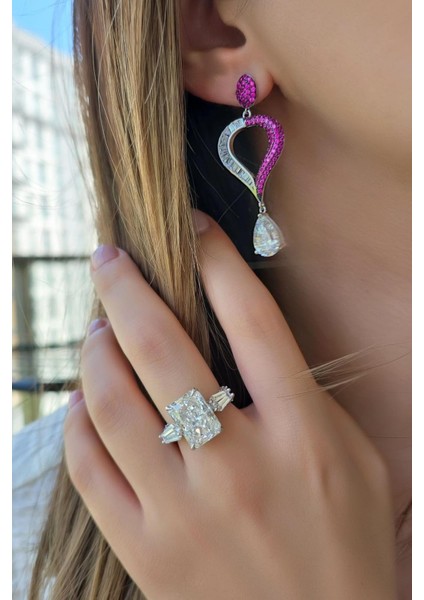 Ithal Premium Dikdörtgen Mozanit ve Fuşya Taşlı Baget Gümüş Yüzük fiyatları