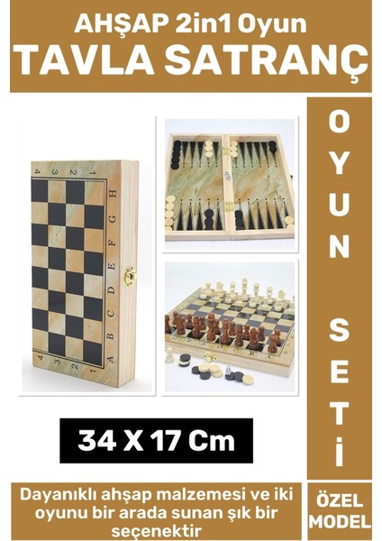 Özel Seri Yüksek Arkadaş Oyun Hediyelik Şık Ahşap Tavla Satranç 2in1 Oyun Seti 37 x 17 cm