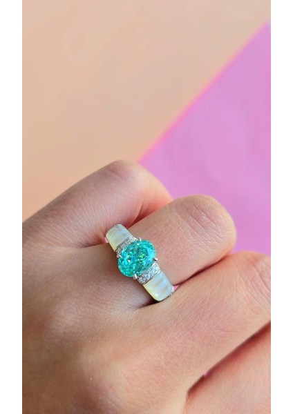 Ithal Paraiba Buz Kesim Sedef Taşlı Gümüş Yüzük