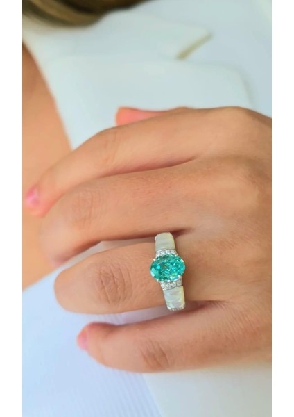 Ithal Paraiba Buz Kesim Sedef Taşlı Gümüş Yüzük fiyatları