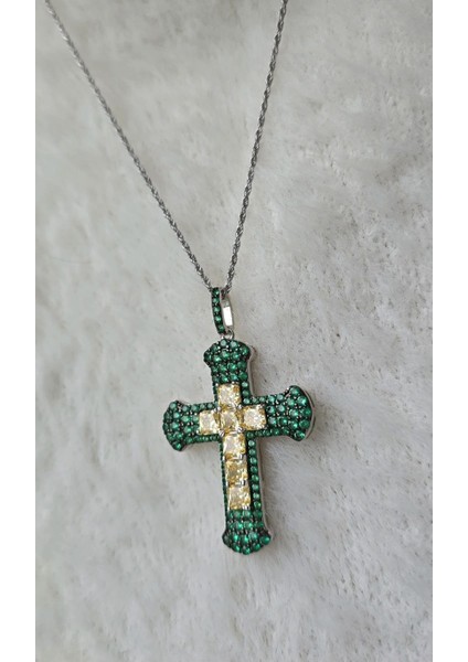 Ithal Sarı Buz Kesim Yeşil Haç Cross Gümüş Kolye modelleri