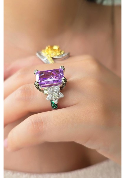 Ithal Dikdörtgen Mor Buz Kesim Gümüş Yüzük fiyatları