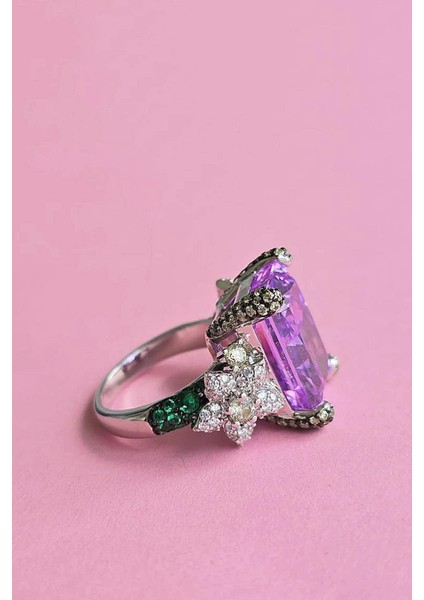 Ithal Dikdörtgen Mor Buz Kesim Gümüş Yüzük modelleri