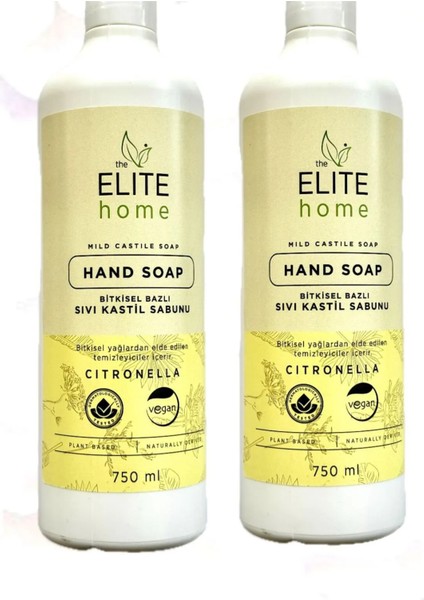 Bitkisel Bazlı ve Vegan Sertifikalı Sıvı Kastil El Sabunu 750 ml * 2 Adet Citronella