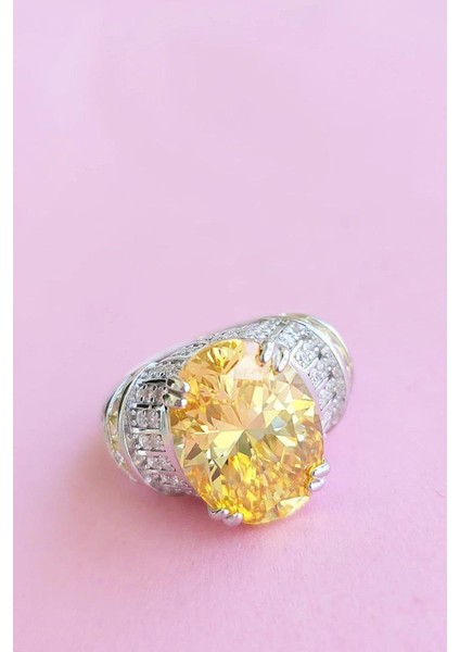 Ithal Oval Sarı Buz Kesim Gümüş Yüzük