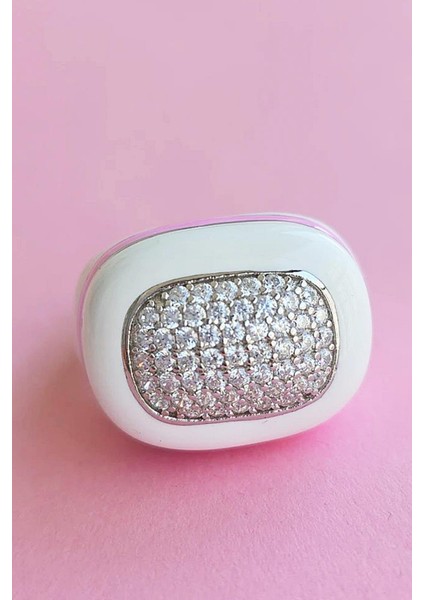 Ithal Mineli Beyaz Pembe Dikdörtgen Gümüş Yüzük