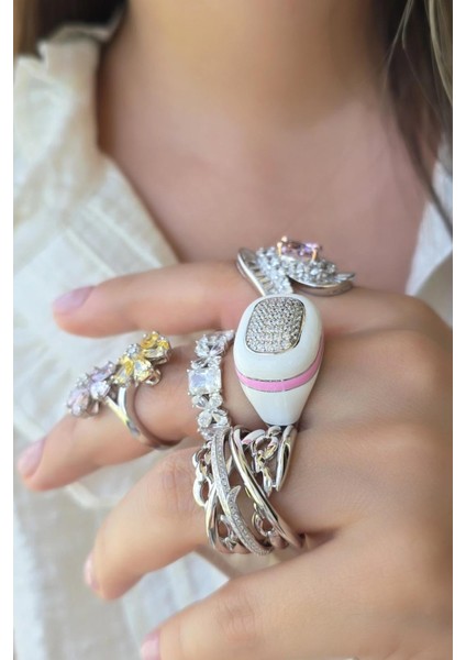 Ithal Mineli Beyaz Pembe Dikdörtgen Gümüş Yüzük fiyatları