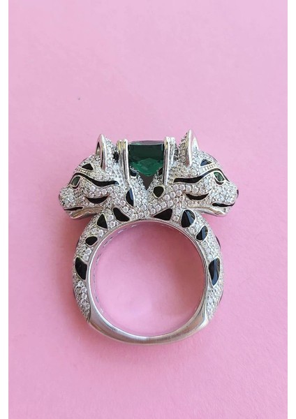 Ithal Premium Kök Zümrüt Kaplan Siyah Mineli Gümüş Yüzük