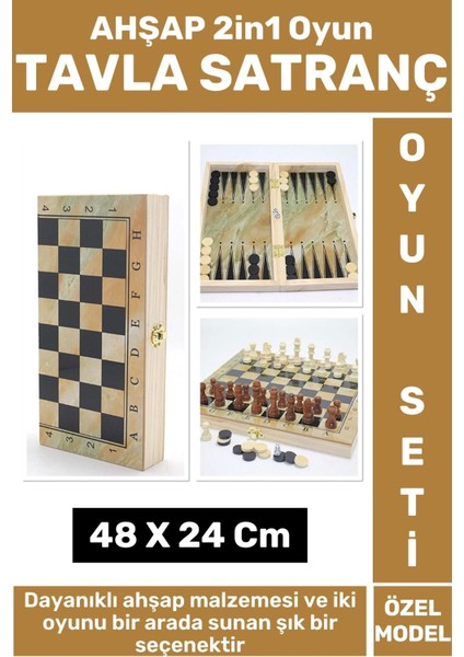 Özel Seri Yüksek Arkadaş Oyun Hediyelik Şık Ahşap Tavla Satranç 2in1 Oyun Seti 48 x 24 cm